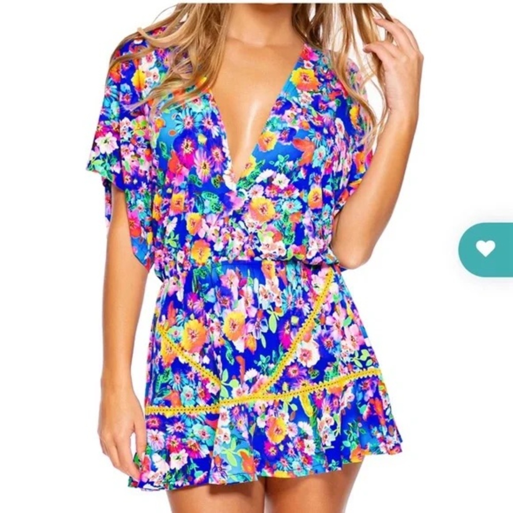 Luli Fama Blue Floral V-Neck Mini Dress